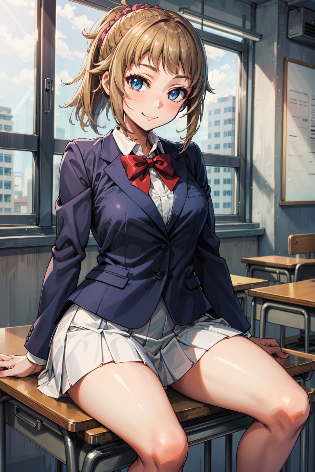 00418-1530623879-masterpiece,best quality,1girl,hoshino fumina,blue blazer,red bow,white skirt,smile,sitting on desk,classroom,_lora_gundam_hoshi.png